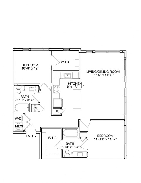 Floor plan for 2 beds, 2 baths, 1201 sqft